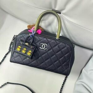 Chanel Black Quilted Satchel with Green Handles